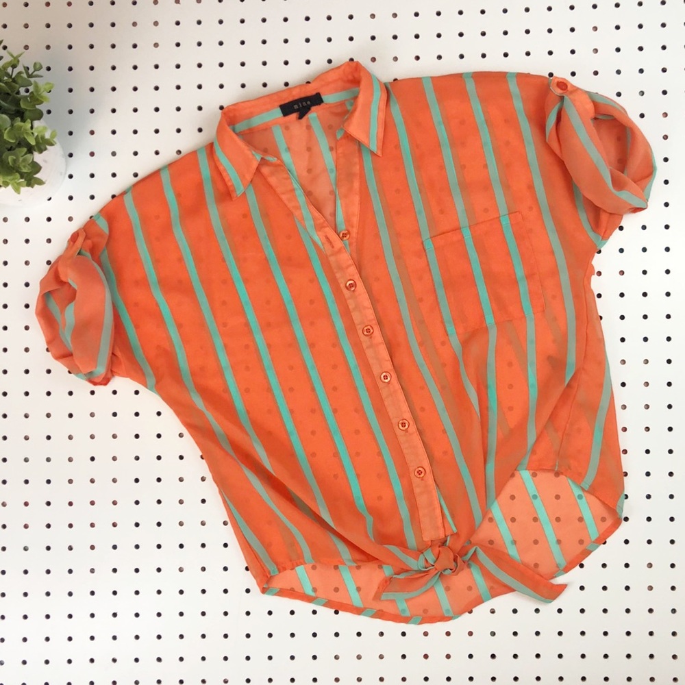 MINE sheer striped button down tie blouse
